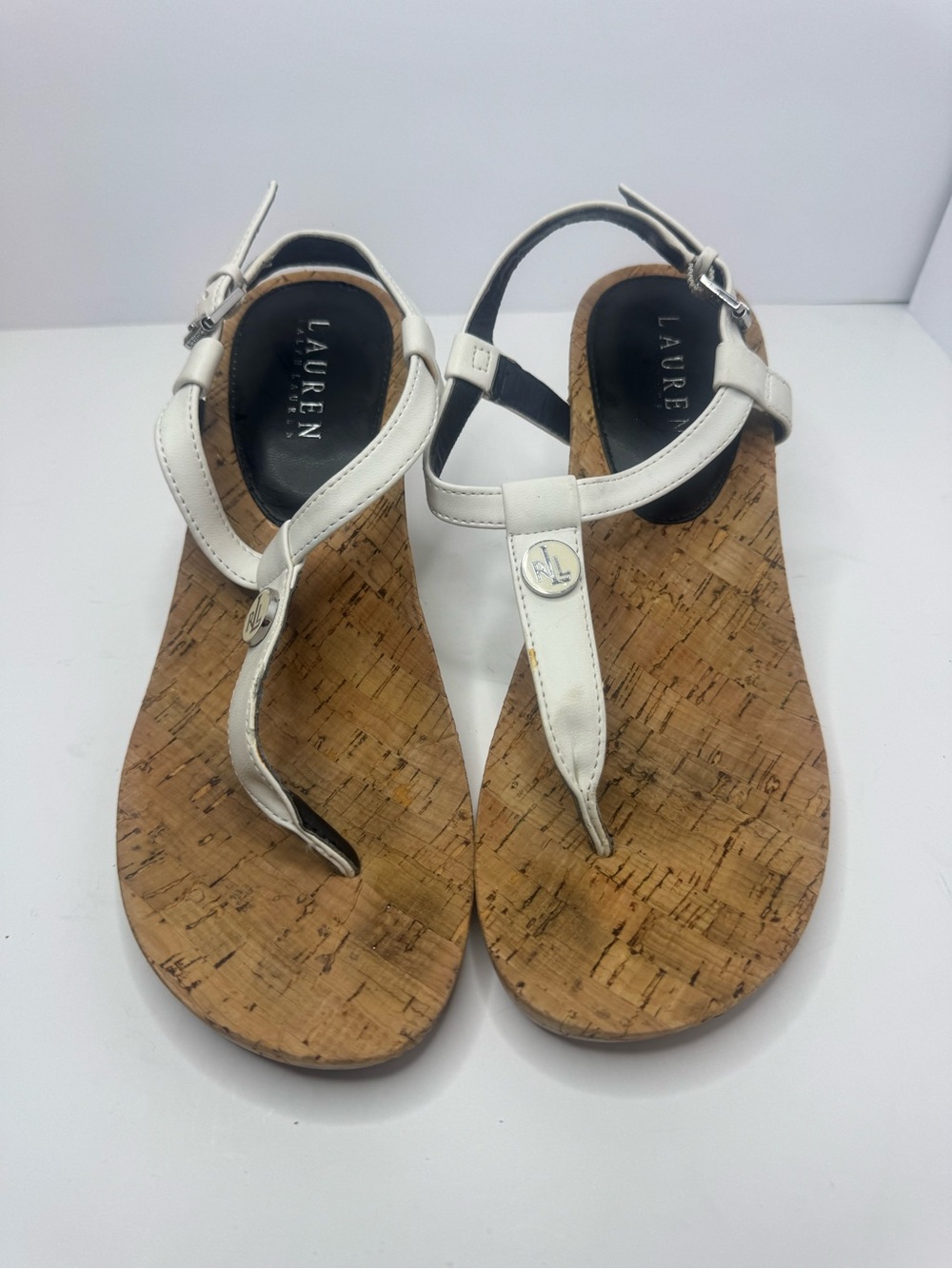 Lauren Ralph Lauren White Leather Cork Thong Sandals Women's Size 7B
